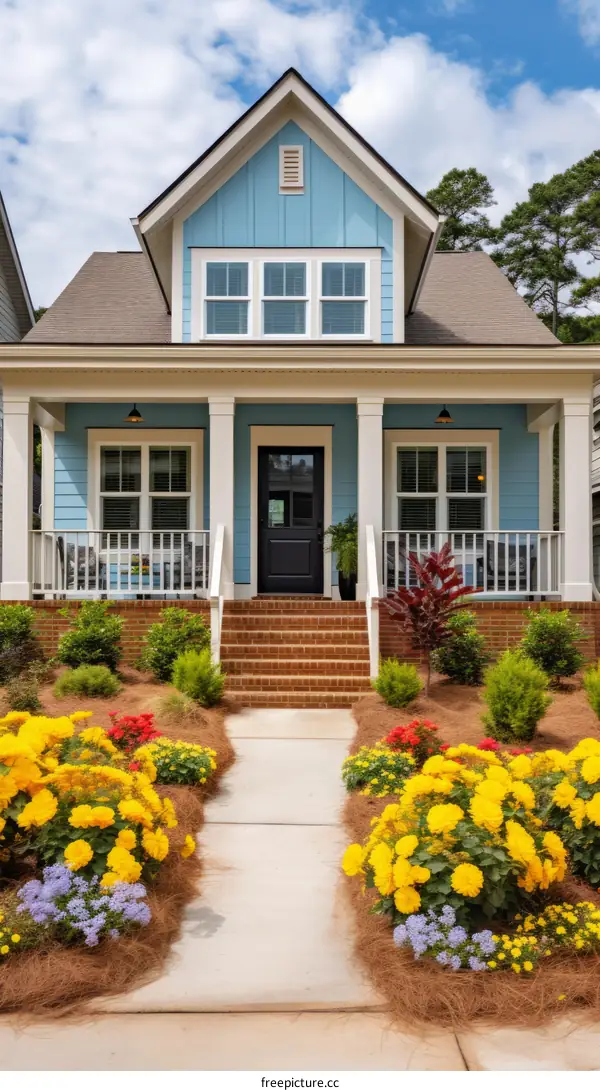 Small blue house with yellow flowers in front