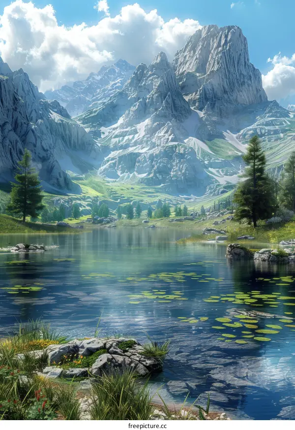 Fantasy Mountain Landscape with Lake and Trees