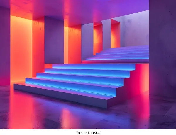 Neon Lights Stairs Abstract Background