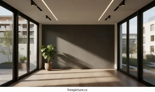 Modern bright room with large windows and indoor plant