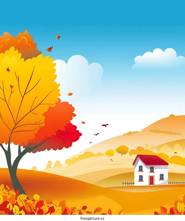 Autumn Landscape With House and Falling Leaves
