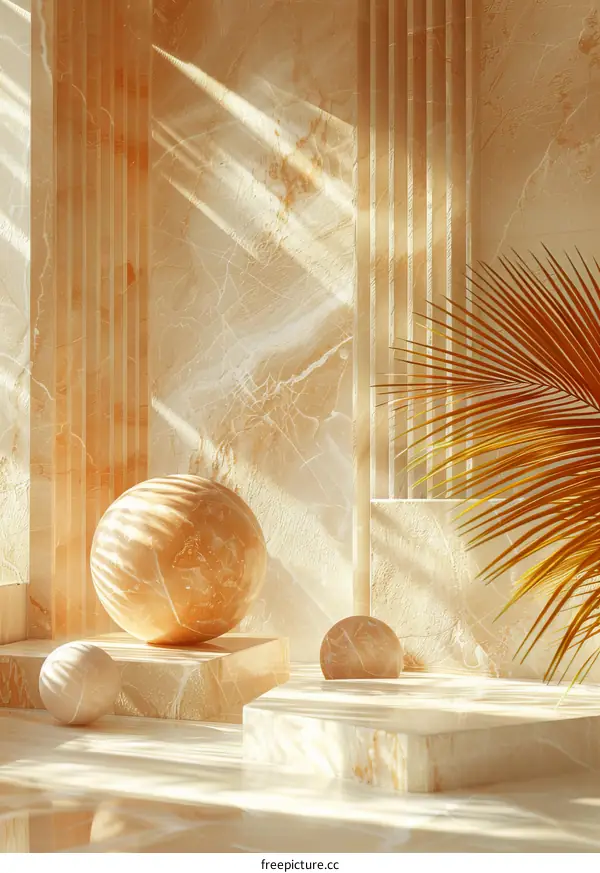 Abstract Minimalist 3D Background with Marble Texture and Palm Leaf