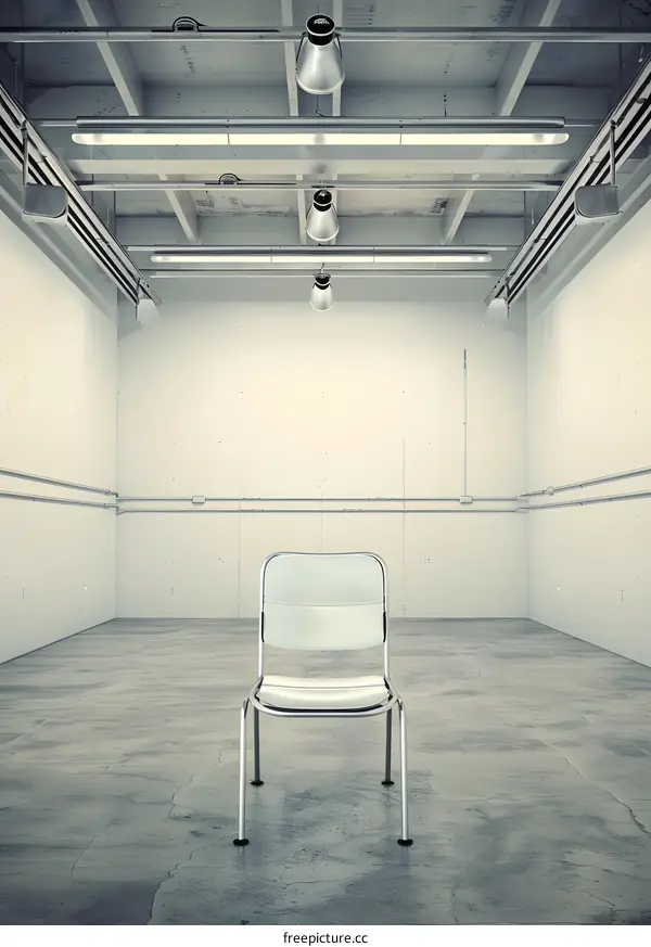 Empty Room with Single Chair and Industrial Ceiling Lights