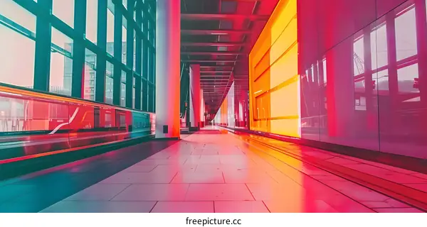 Modern Architecture Corridor With Glass Walls and Colorful Reflections