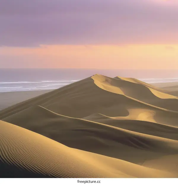 A vast and beautiful sand dune landscape with the ocean in the distance