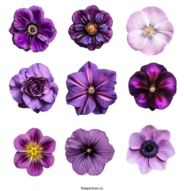 [Transparent Background PNG]Collection of Various Purple Flowers on White Background