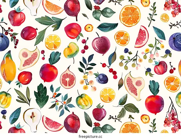 Watercolor Seamless Pattern With Various Fruits and Berries