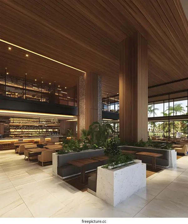 Modern Lobby Interior Design With Wood Panels and Green Plants