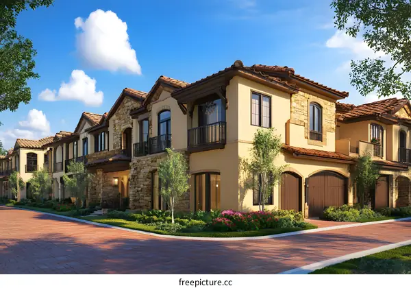 Modern Mediterranean Style Homes with Brick Walkway and Lush Green Landscaping