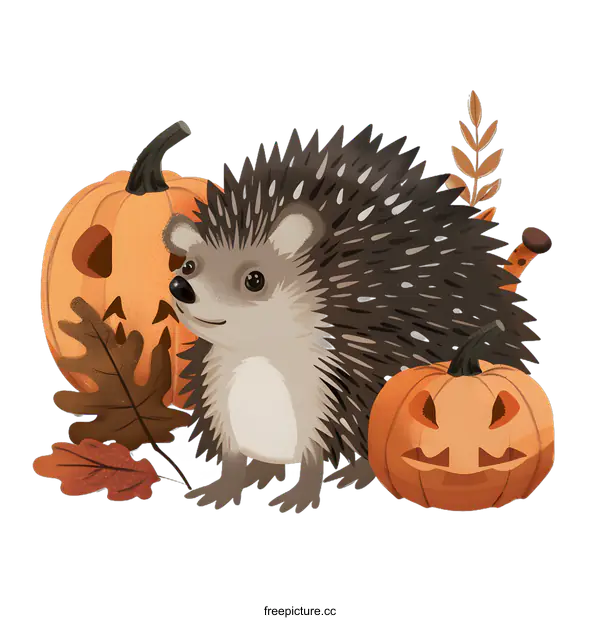 [Transparent Background PNG]Cute Hedgehog with Pumpkins for Halloween Illustration