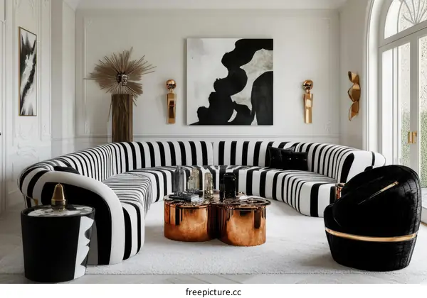 Luxury Black and White Striped Sectional Sofa Living Room