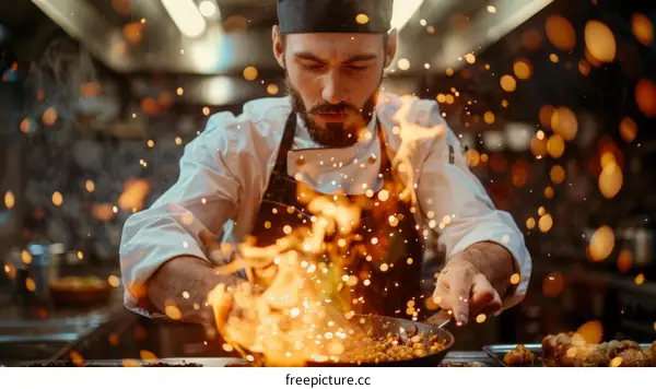 Male chef is cooking with fire in the kitchen