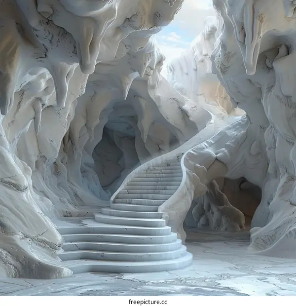 White Marble Staircase Leading into a Cave