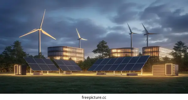 Sustainable Cityscape at Dusk with Renewable Energy