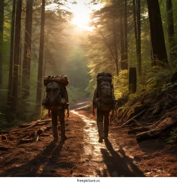 Two backpackers hiking in the forest on a sunny day