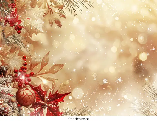 Shimmering Red and Gold Christmas Background with Pine Needles and Holly