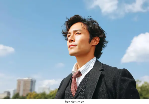Asian Businessman Looking Upward Outdoors