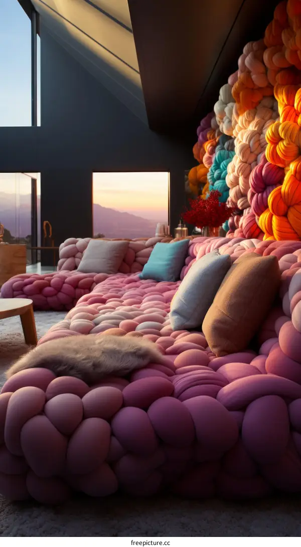 Cozy living room with a colorful yarn sofa and mountain views