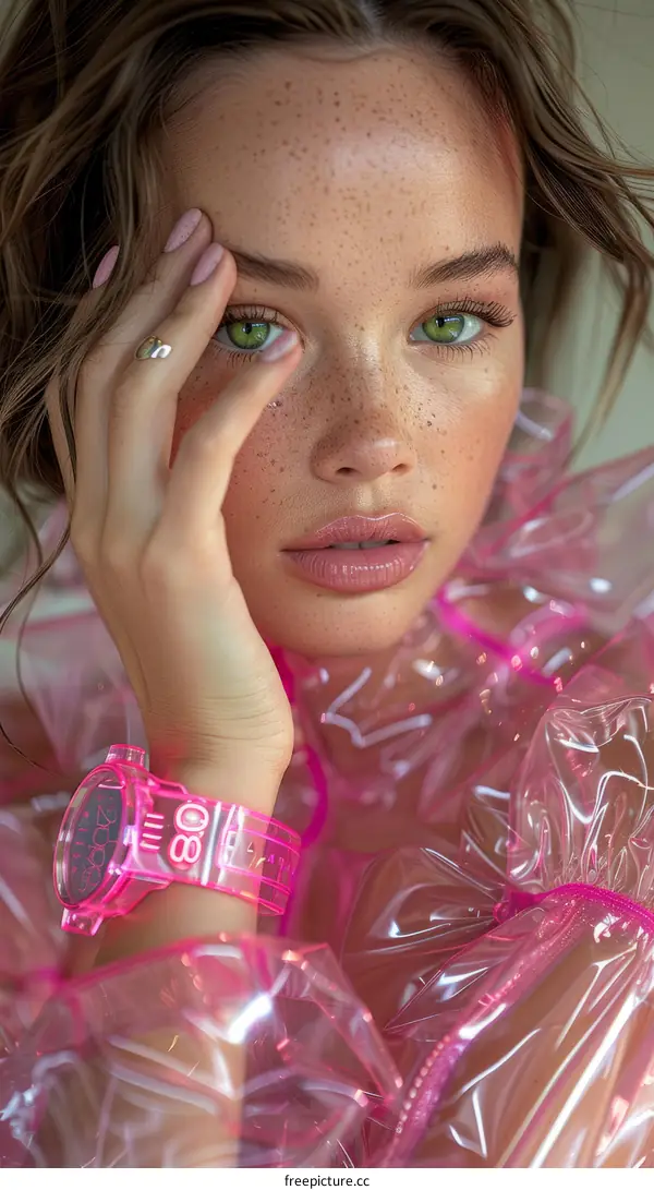 Close-up portrait of a young woman wearing a transparent pink raincoat