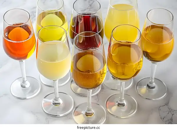 Variety of Wine Glasses with Different Colors of Wine