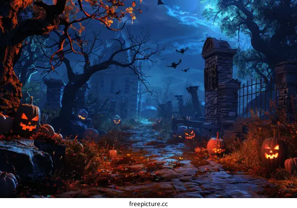 Spooky Halloween Scene with Jack-o'-Lantern, Haunted House and Cemetery