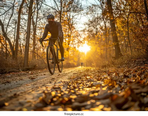 Cyclist riding on a forest trail in the fall