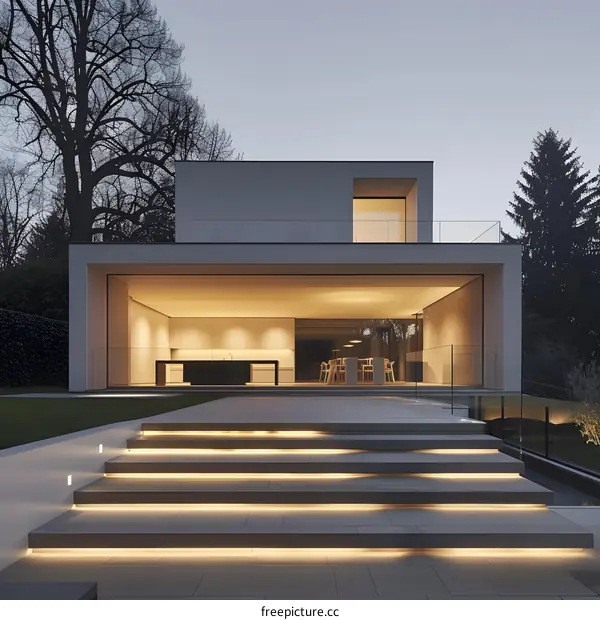 Modern Home with Illuminated Stairs and Outdoor Patio