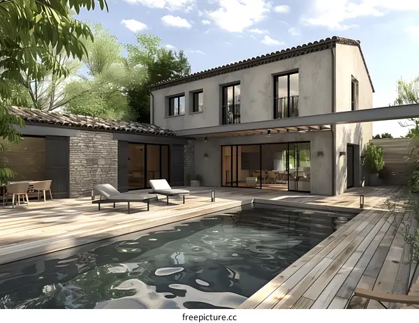 Modern House With Swimming Pool And Wooden Deck