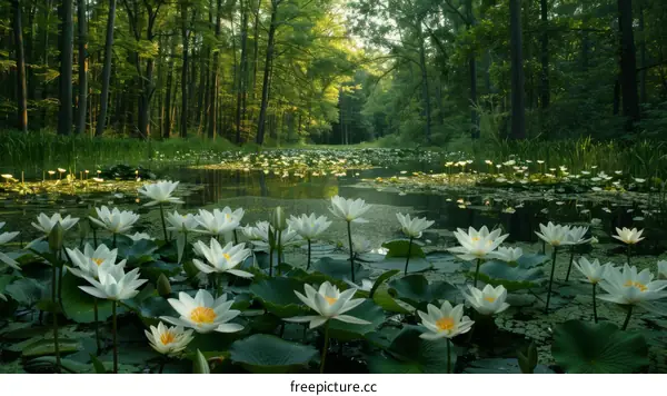 White Water Lilies Blooming in a Tranquil Forest Pond