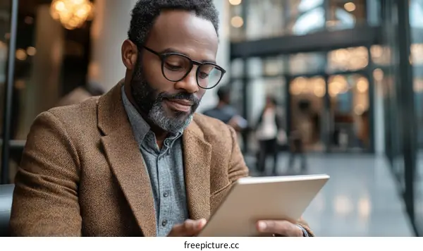 African Businessman Using Digital Tablet in Modern Office