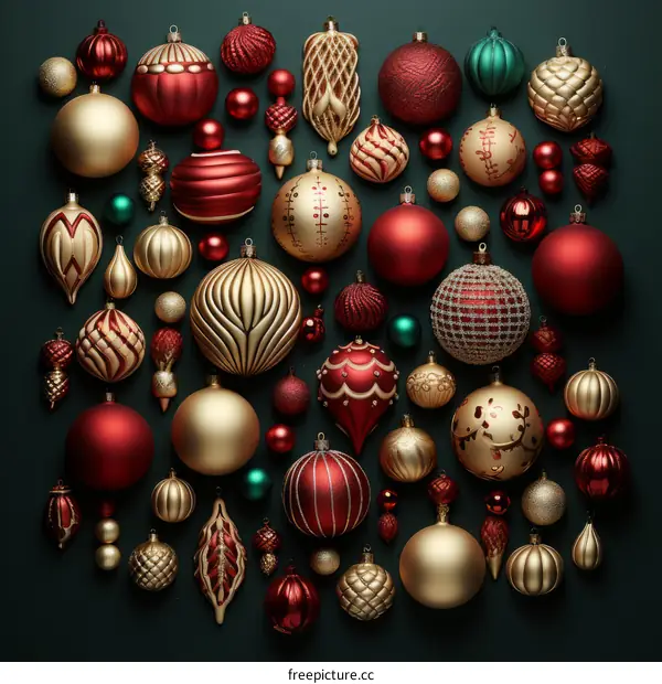 Christmas ornaments in red, gold, and green with a dark green background