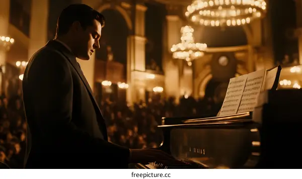 Man Playing Piano in Concert Hall