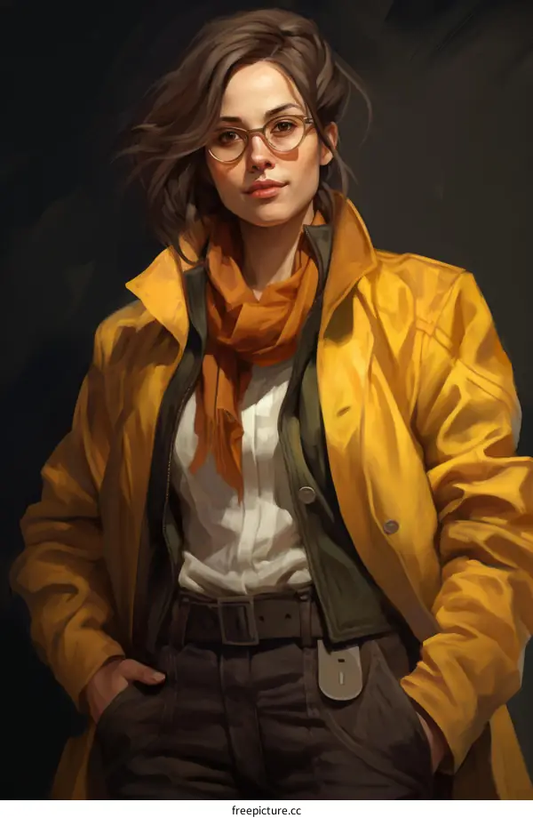 A portrait of a young woman wearing a yellow coat and glasses