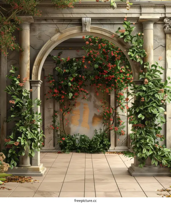Antique Stone Archway Garden Scene Illustration
