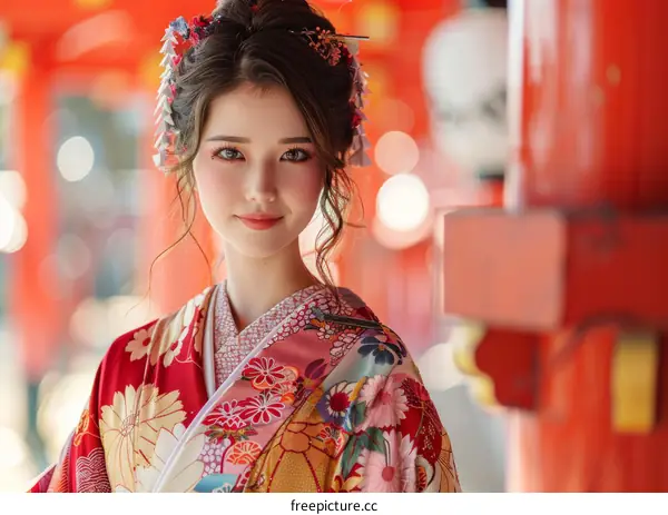 Portrait of a young woman in a kimono