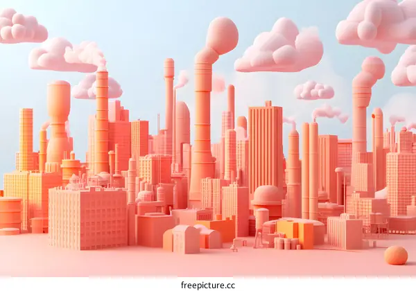Pink Industrial Cityscape with Fluffy Clouds