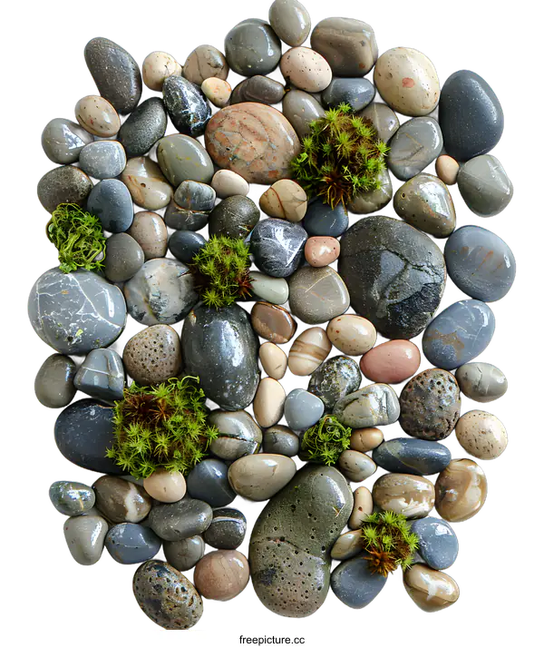 [Transparent Background PNG]Sea Stones and Moss Arrangement on White Background