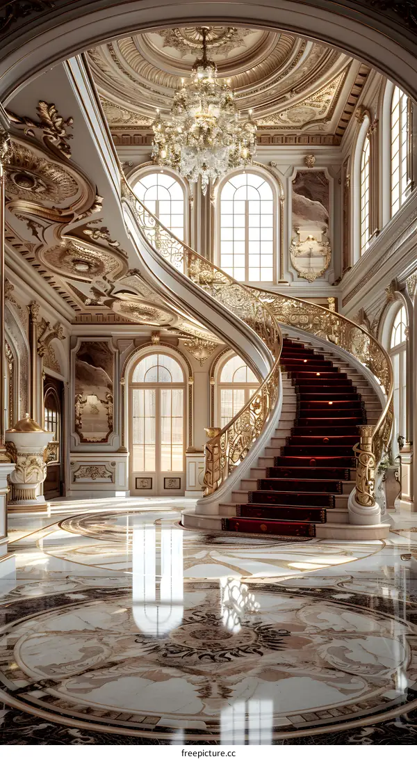 European style luxury mansion interior with grand staircase