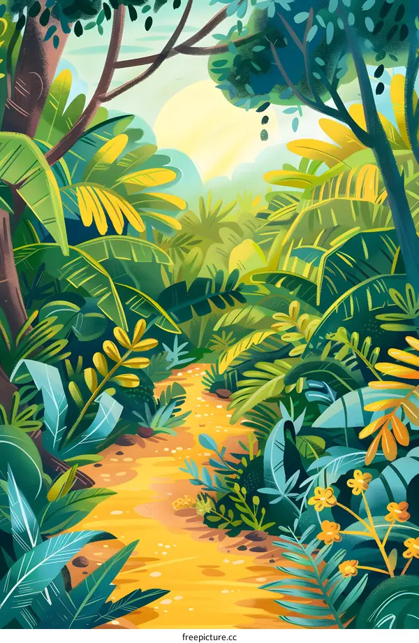 Jungle Path Through Lush Green Foliage With Yellow Flowers