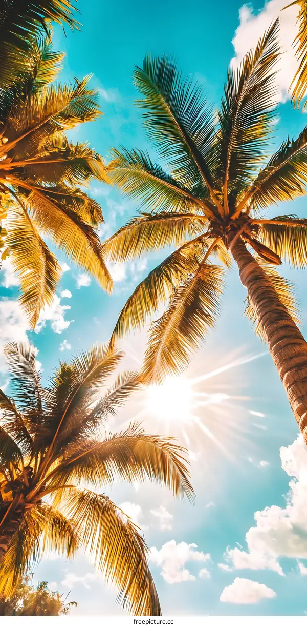 Tropical Palm Trees against a Blue Sky with Sunlight