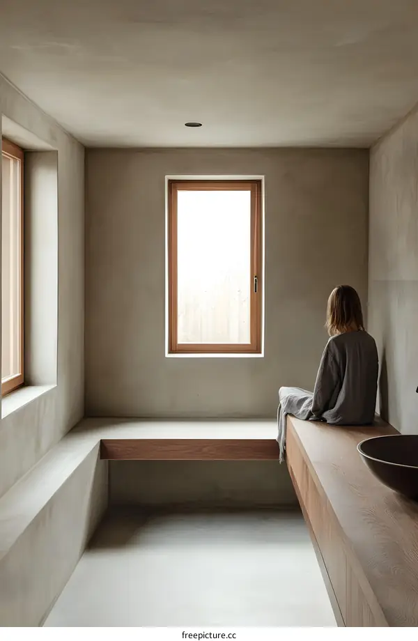 Minimalist Bathroom Design with Wooden Bench and Sink