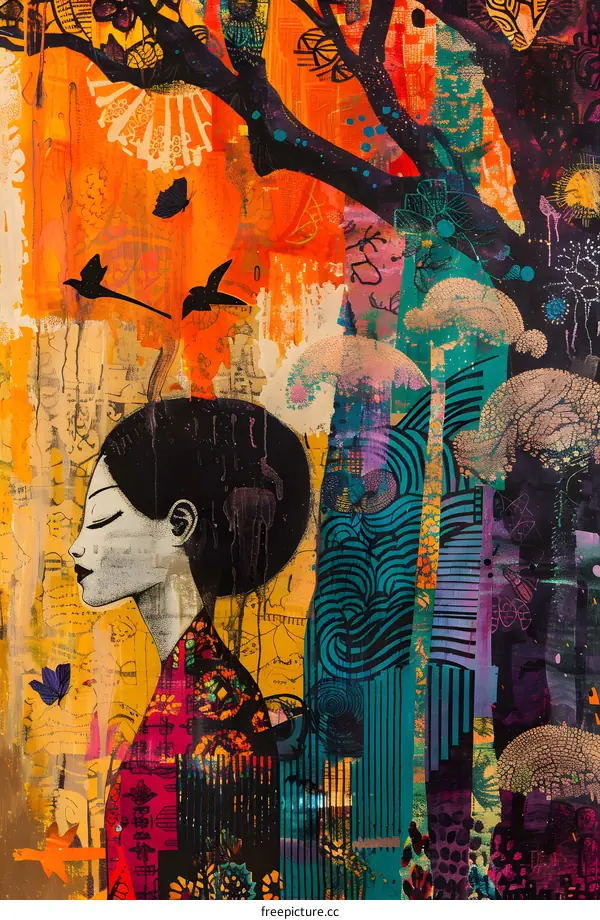 Abstract Asian Woman in Colorful Tree Collage