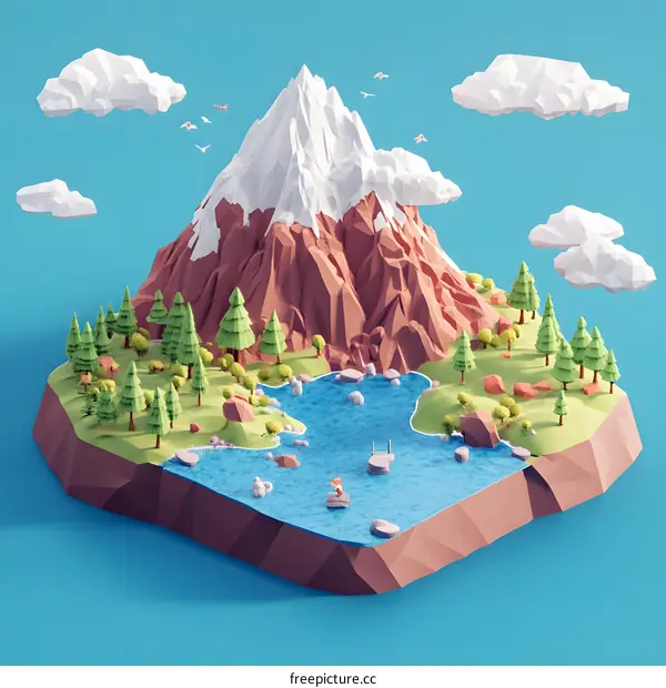 Low Poly Mountain Illustration with Lake and Trees