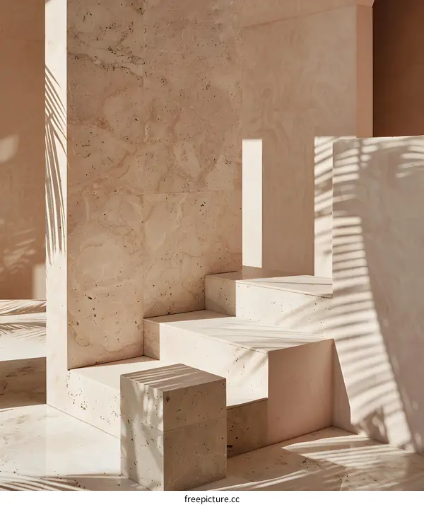 Minimalist Beige Stone Steps with Palm Tree Shadows