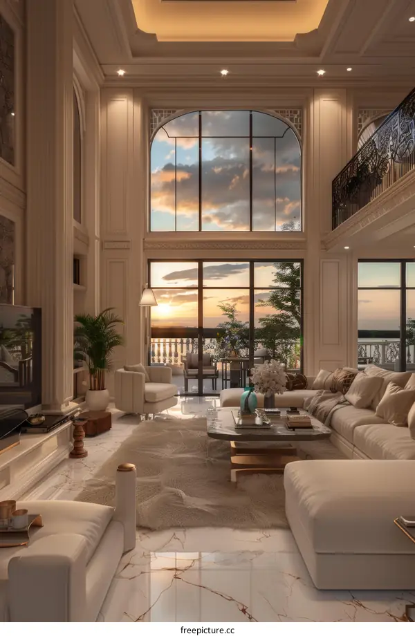 Modern Luxury Living Room with Balcony and Floor-to-Ceiling Windows