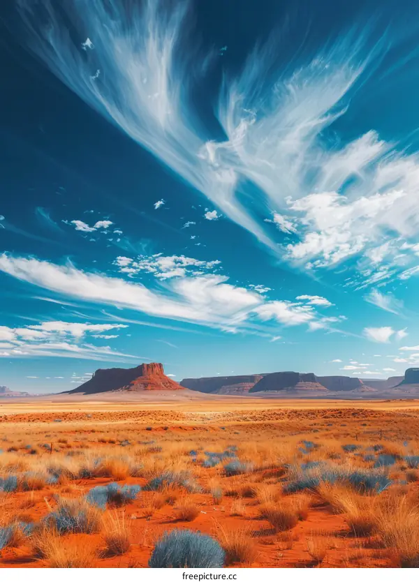Arid Desert Landscape with Rock Formations under a Blue Sky