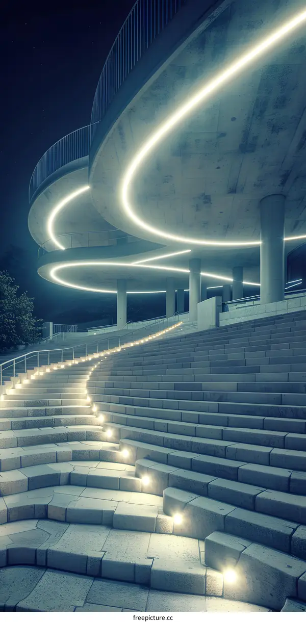 Modern Architecture with Circular Neon Lights at Night