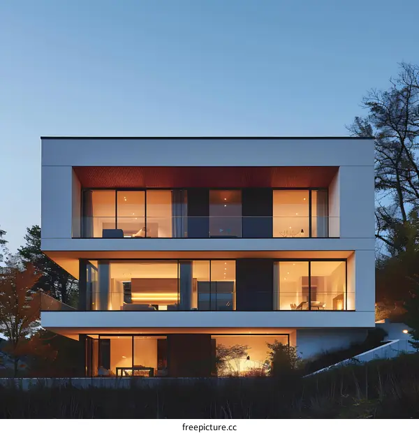 Modern White House with Large Windows and Balconies at Dusk