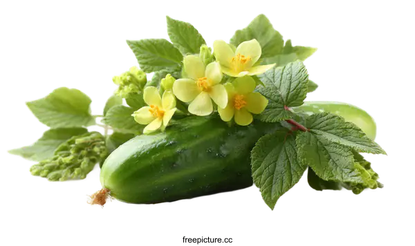 [Transparent Background PNG]Fresh Cucumber with Flowers and Leaves