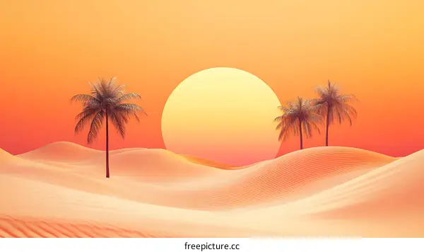 Minimalist Desert Landscape with Palm Trees and Sun